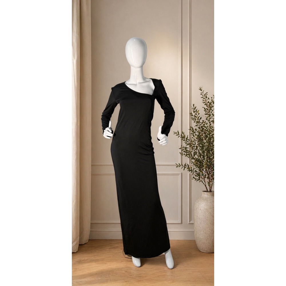 Micas‎ Black Asymmetrical Neck Maxi Dress with Slit Elegant Bodycon Party Dress - Picture 4 of 8